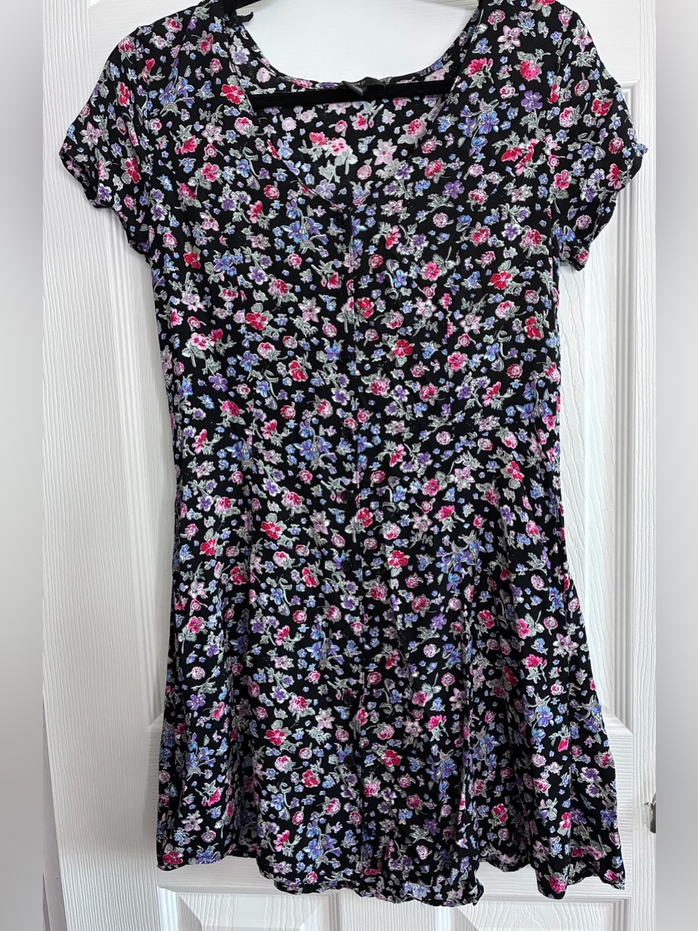 Forever 21 Black Floral Skater Dress with Pink & Purple Blooms